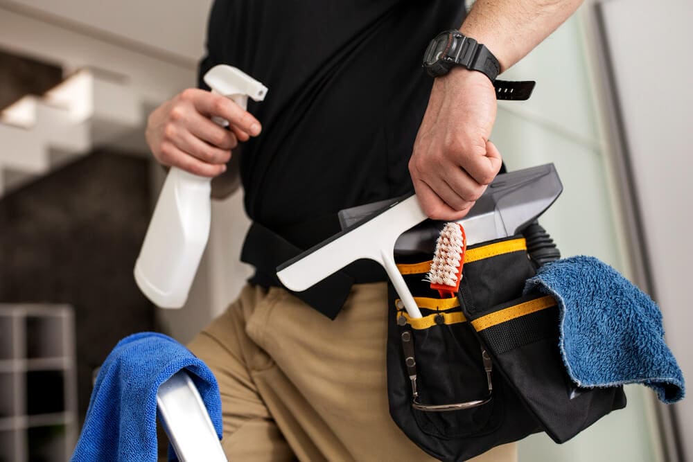 a belt bag consisting of various cleaning tools and implements. a man is taking a spray bottle and what seems to be a window washer out of it
