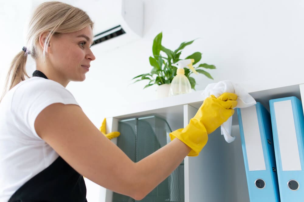 woman wiping office binder/folder