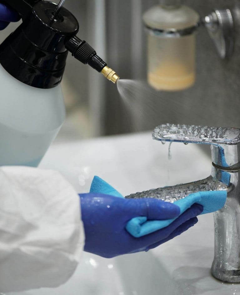 person using spray can to clean the bathroom sink